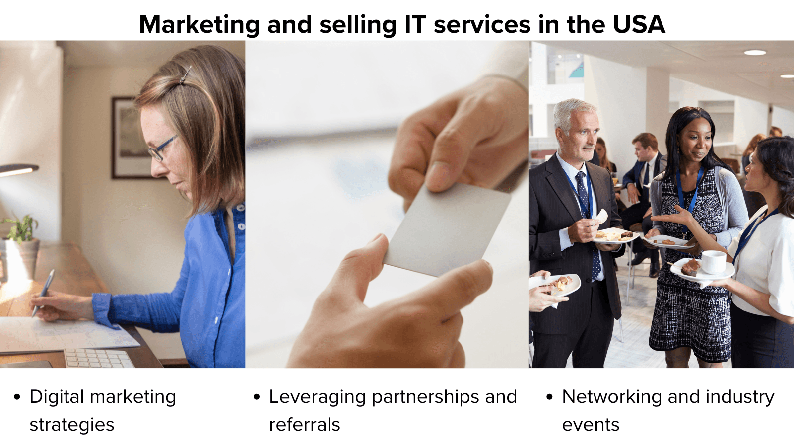 Three marketing scenarios for IT services in the USA: Woman strategising, partnerships and referrals and networking event. Three marketing scenarios for IT services in the USA: Woman strategising, partnerships and referrals and networking event.